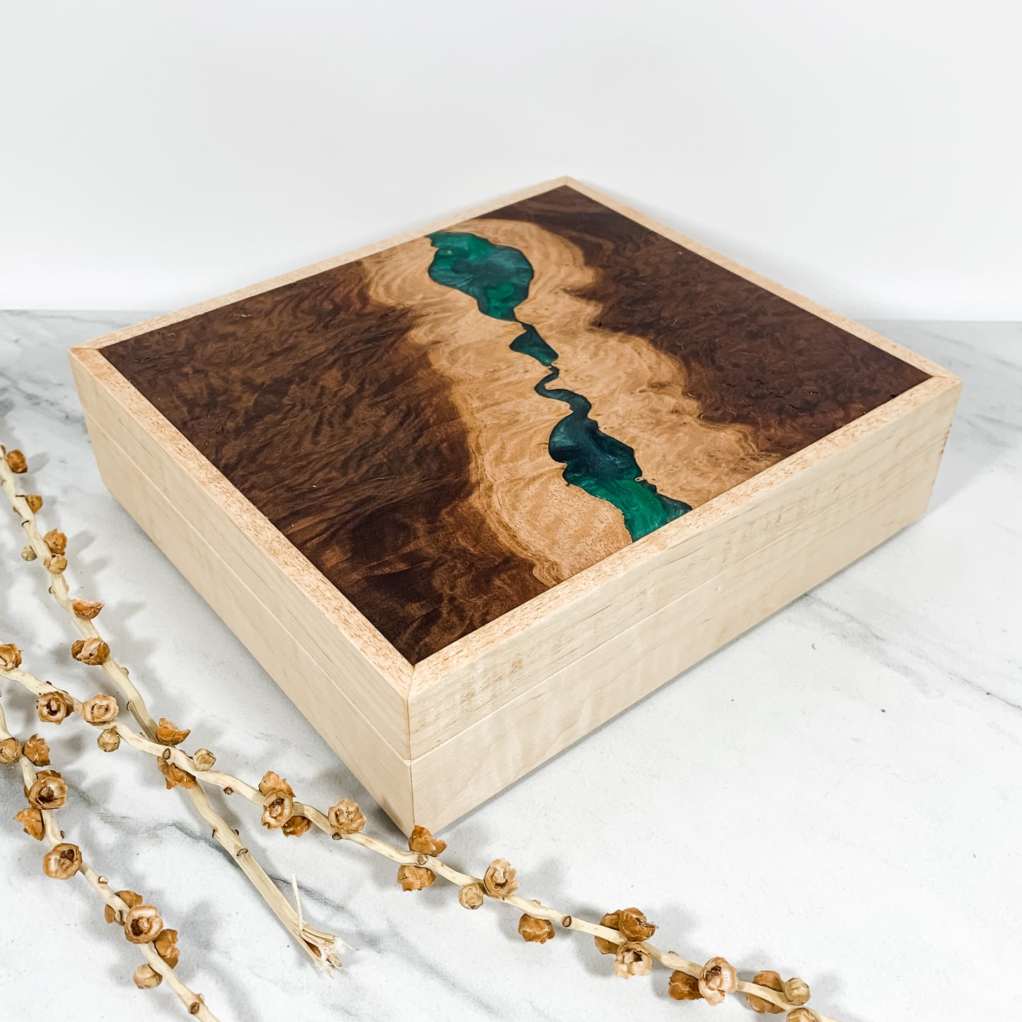 Green Resin, Red Mallee Burl, and Curly Maple Box with Insert Keepsake Box-7971