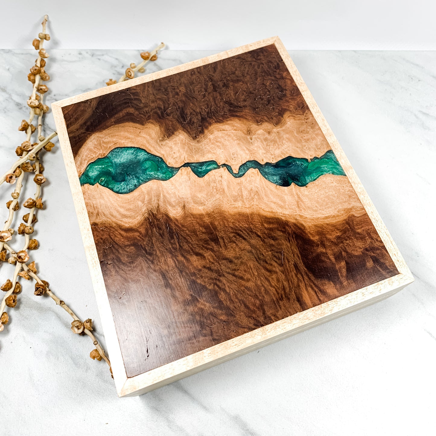 Green Resin, Red Mallee Burl, and Curly Maple Box with Insert Keepsake Box-7971