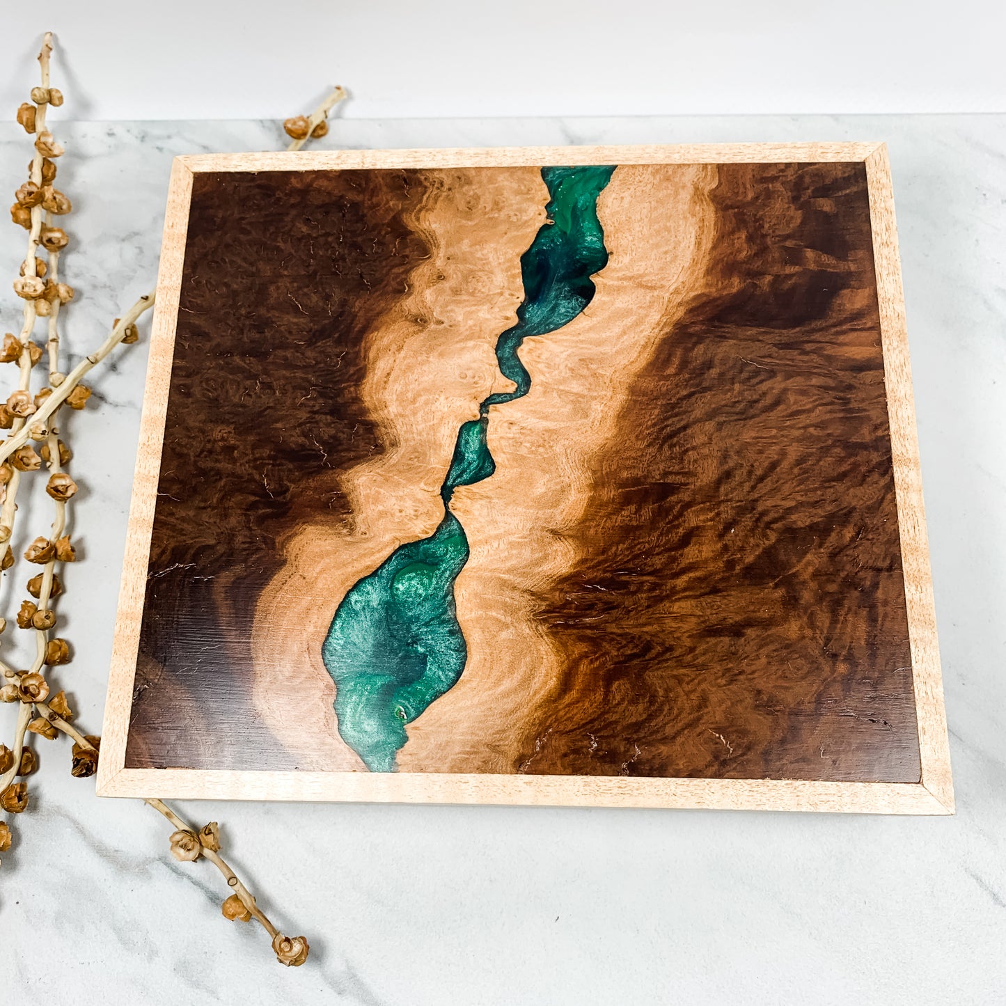 Green Resin, Red Mallee Burl, and Curly Maple Box with Insert Keepsake Box-7971