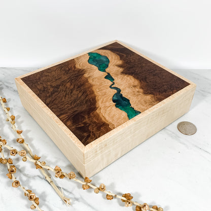 Green Resin, Red Mallee Burl, and Curly Maple Box with Insert Keepsake Box-7971