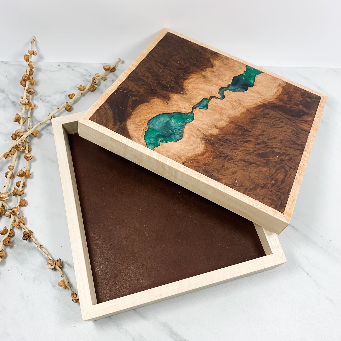 Green Resin, Red Mallee Burl, and Curly Maple Box with Insert Keepsake Box-7971
