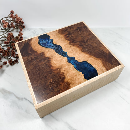 Navy Resin, Red Mallee Burl, and Curly Maple Box Keepsake Box-7993