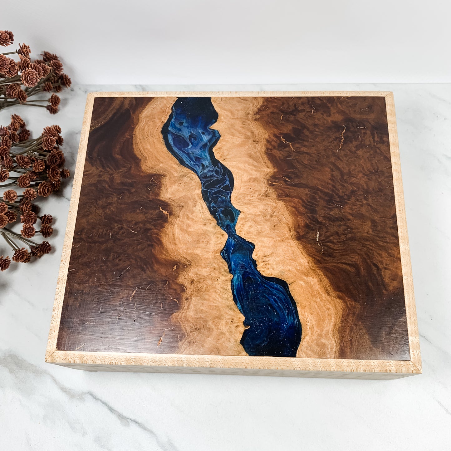 Navy Resin, Red Mallee Burl, and Curly Maple Box Keepsake Box-7993