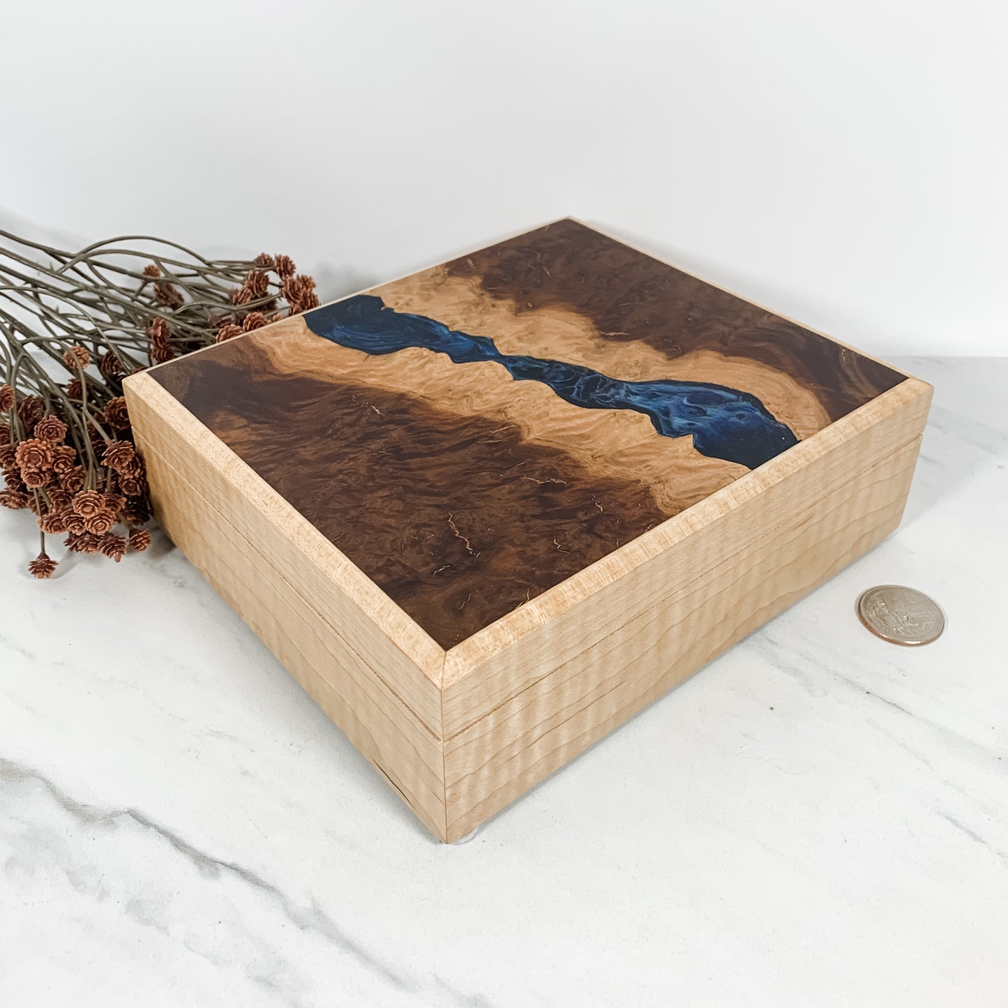 Navy Resin, Red Mallee Burl, and Curly Maple Box Keepsake Box-7993