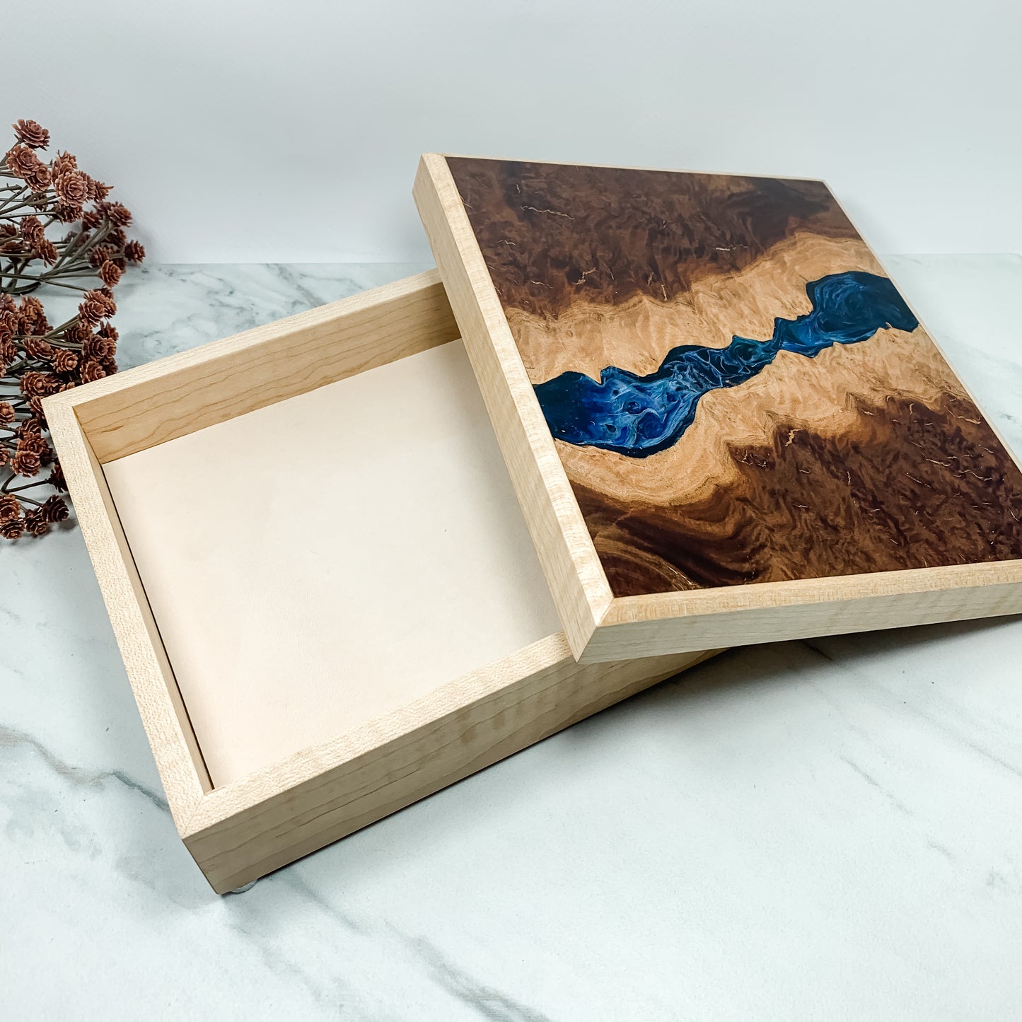 Navy Resin, Red Mallee Burl, and Curly Maple Box Keepsake Box-7993