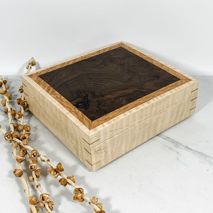Claro Walnut Burl, Lacewood, and Curly Maple Box Keepsake Box-8133