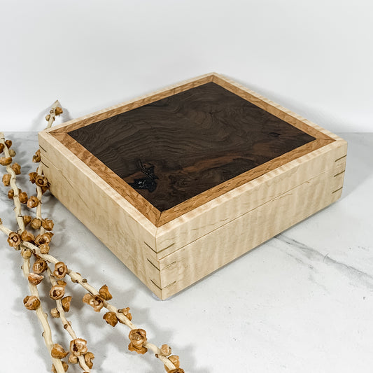Claro Walnut Burl, Lacewood, and Curly Maple Box Keepsake Box-8133