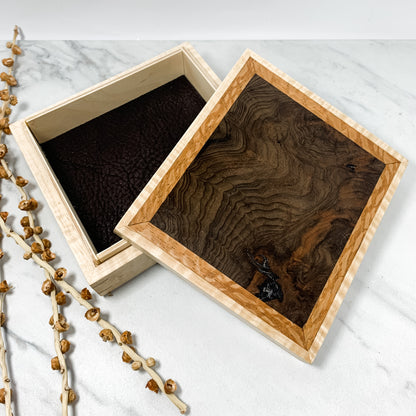 Claro Walnut Burl, Lacewood, and Curly Maple Box Keepsake Box-8133